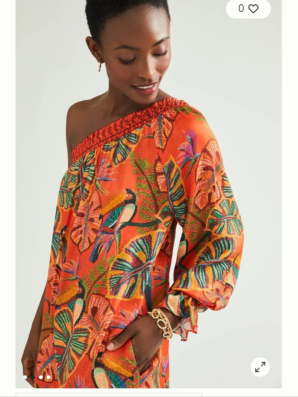 FARM Rio Orange One-Shoulder Tropical Tunic with Bird & Leaf Print